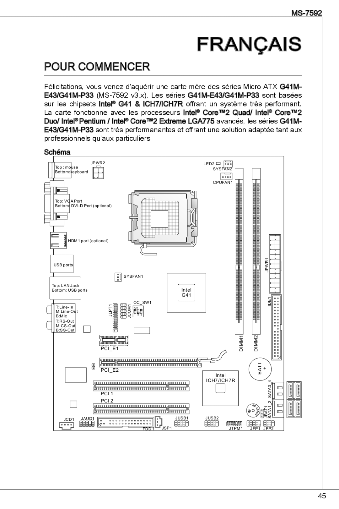 MSI G41M-E43 manual Français, Pour commencer 