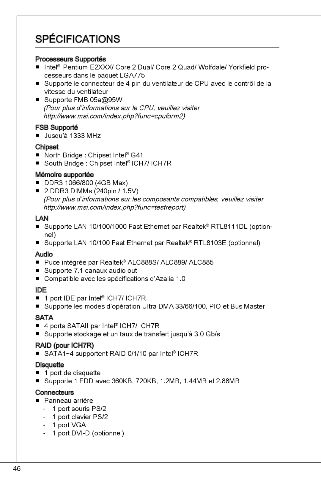 MSI G41M-E43 manual SPéCIFICATIONS 