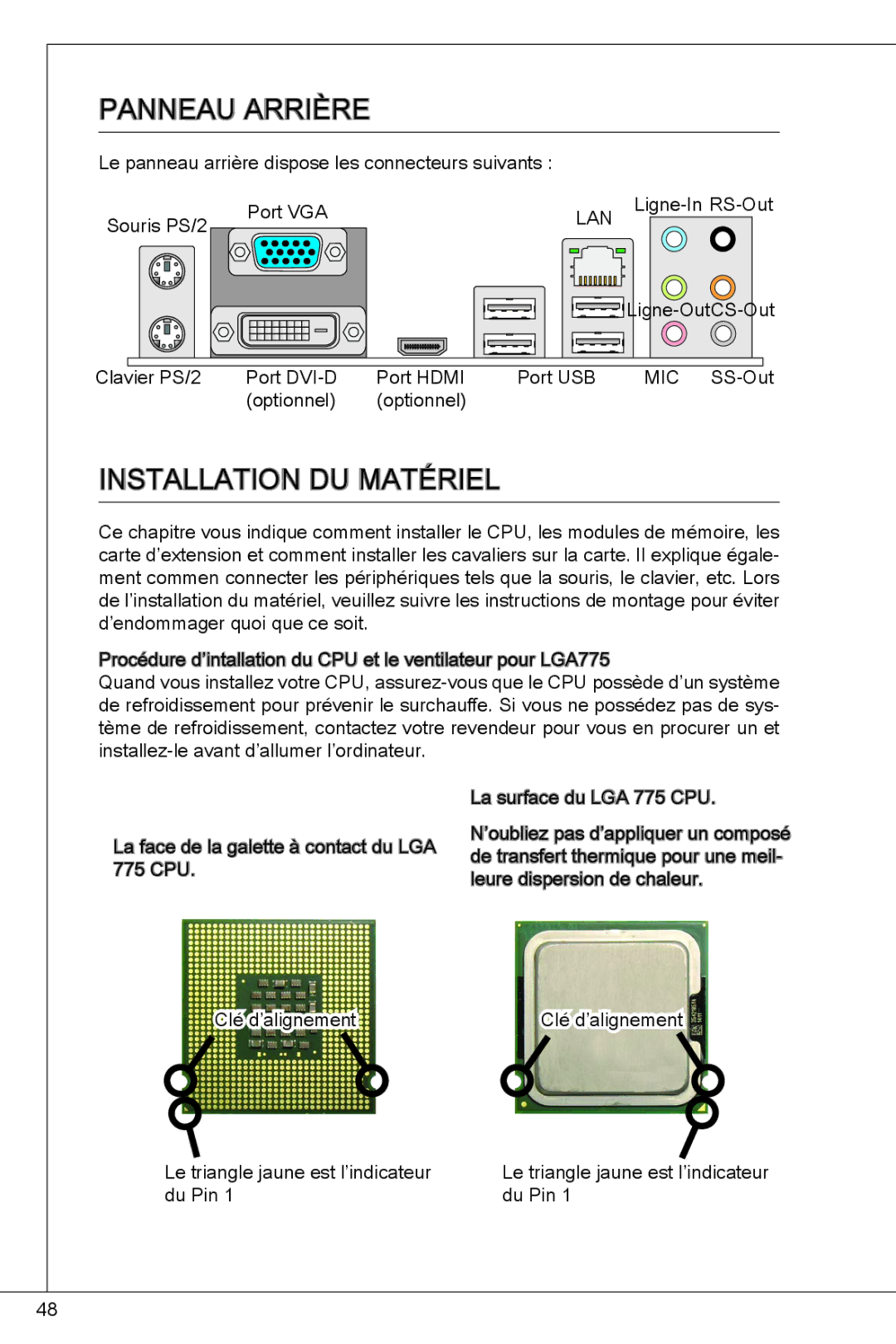 MSI G41M-E43 manual Panneau arrière, Installation du matériel 