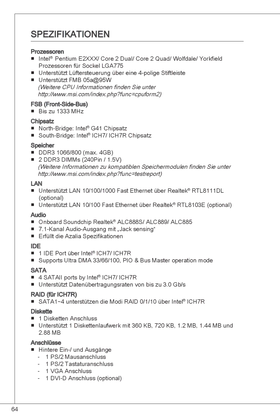 MSI G41M-E43 manual Spezifikationen 