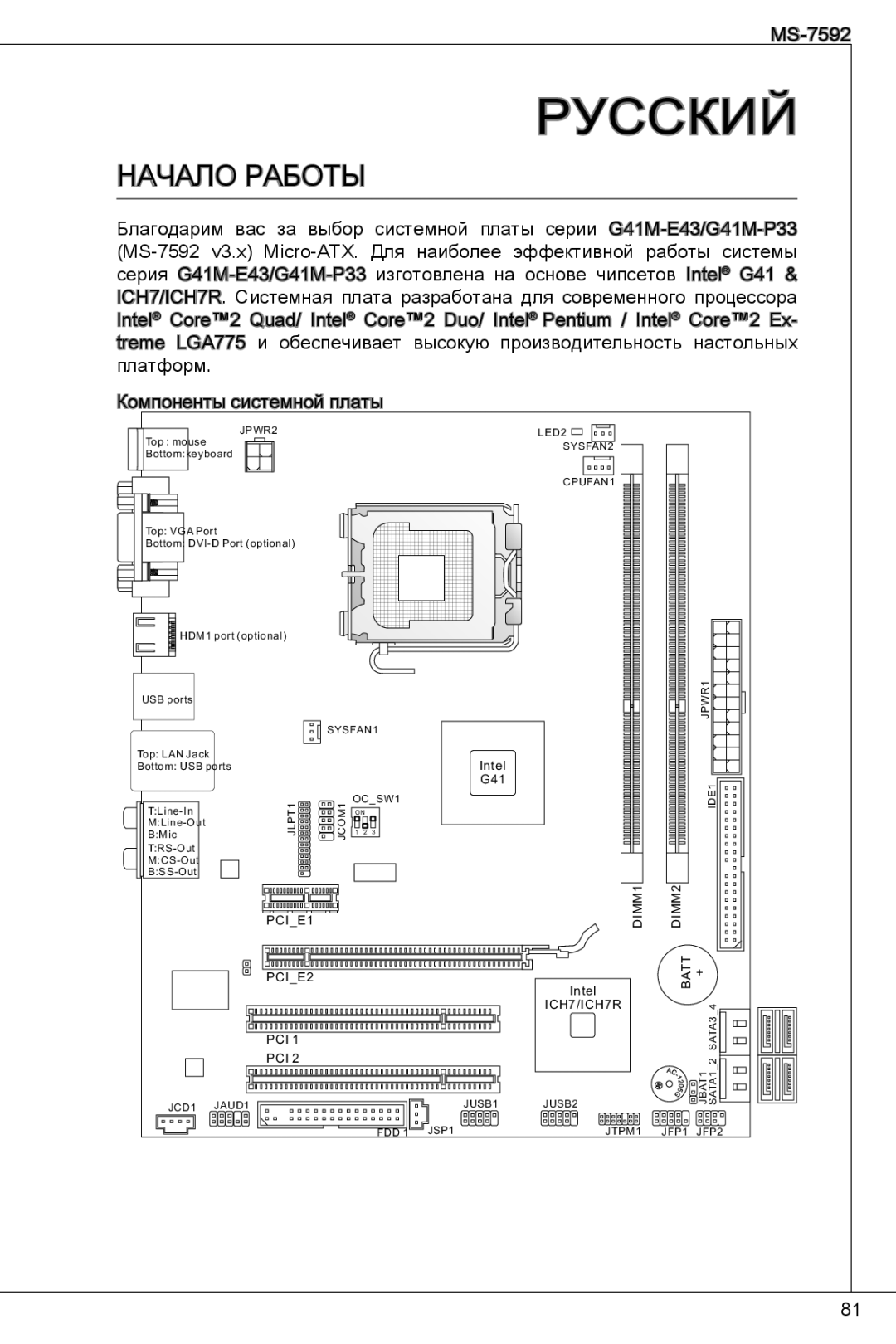 MSI G41M-E43 manual Русский, Начало работы 