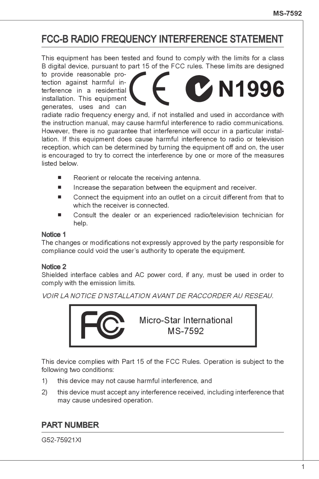 MSI G41M-P23 manual FCC -B Radio FrequenCy Interference Statement, Micro-Star International MS-7592 