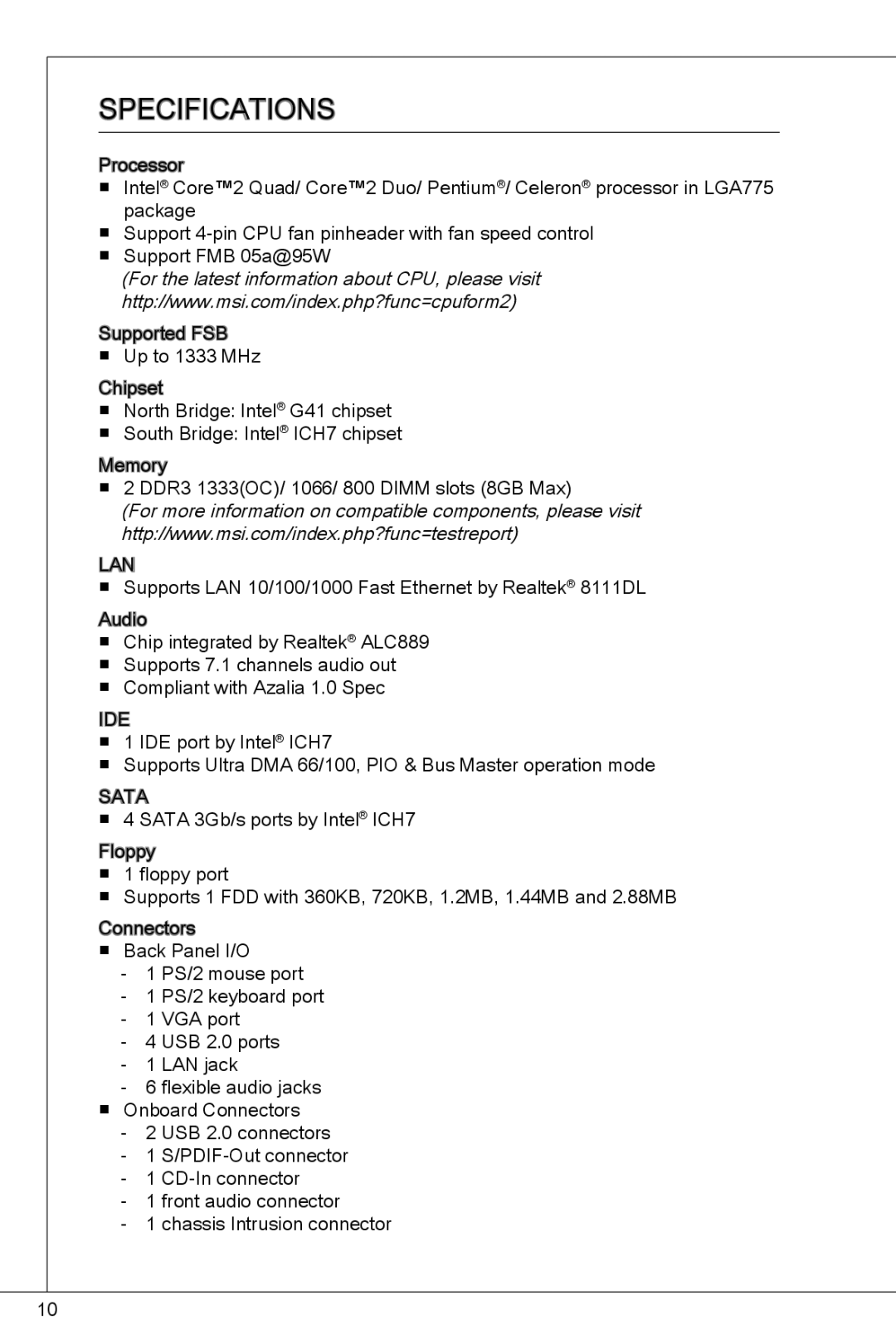 MSI G41M-P23 manual Specifications 