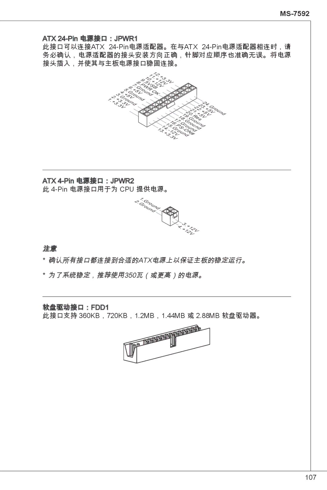 MSI G41M-P23 manual 确认所有接口都连接到合适的ATX电源上以保证主板的稳定运行。 为了系统稳定，推荐使用350瓦（或更高）的电源。 