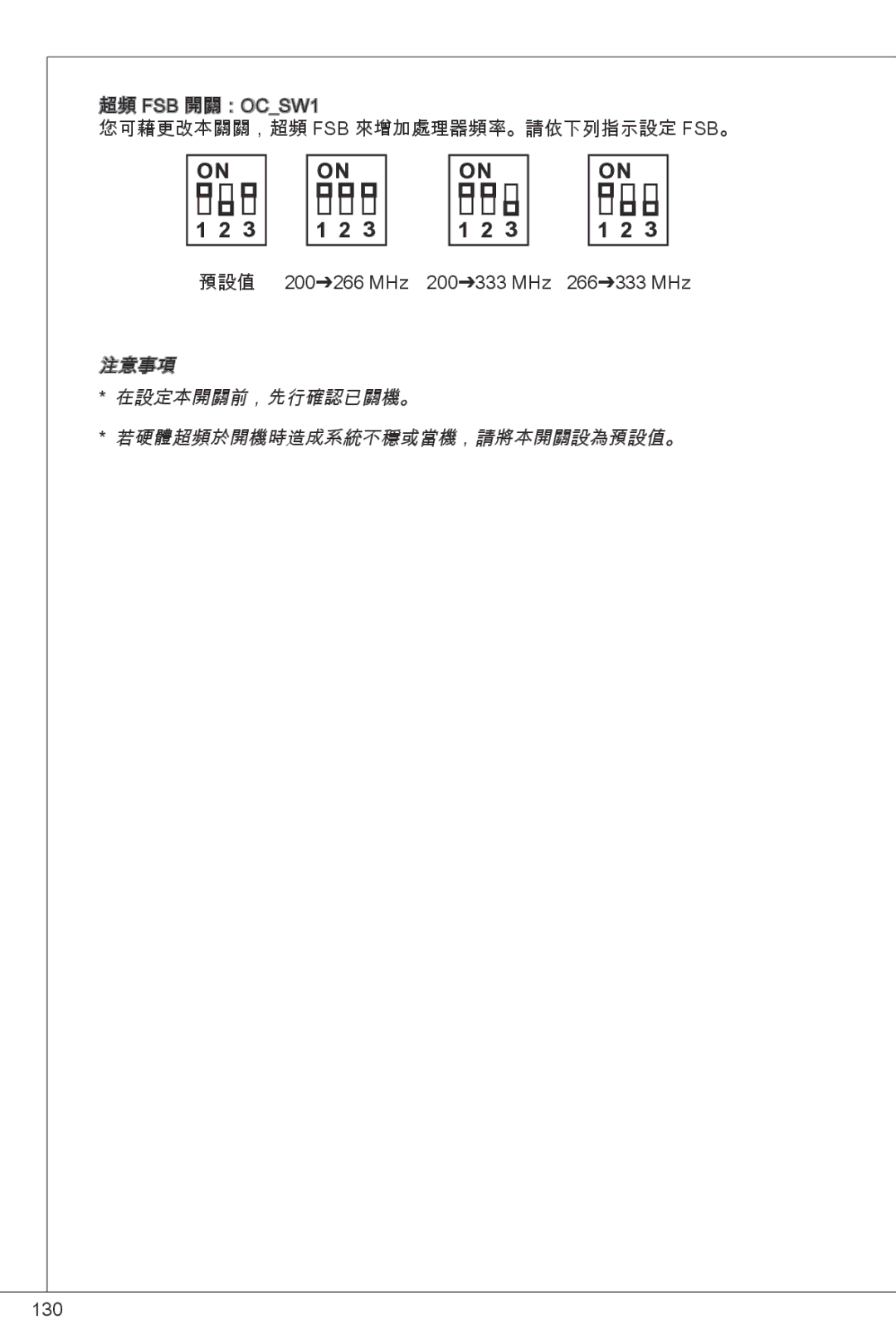 MSI G41M-P23 manual 注意事項 在設定本開關前，先行確認已關機。 若硬體超頻於開機時造成系統不穩或當機，請將本開關設為預設值。 