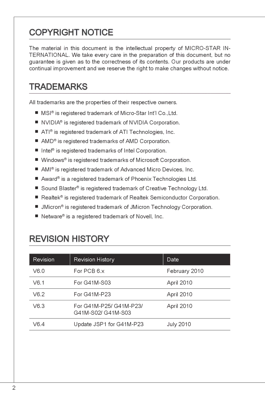 MSI G41M-P23 manual Copyright Notice, Trademarks, Revision History 