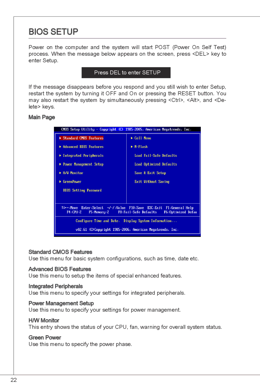 MSI G41M-P23 manual Bios Setup, Press DEL to enter Setup 