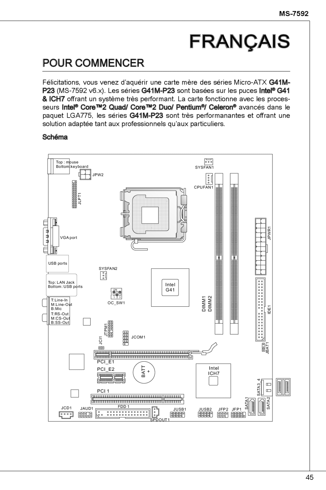 MSI G41M-P23 manual Français, Pour commencer 