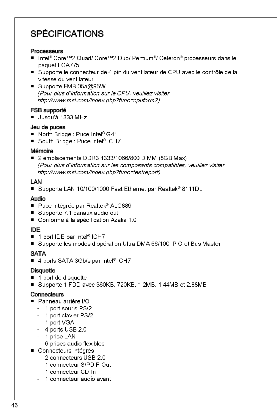 MSI G41M-P23 manual SPéCIFICATIONS 