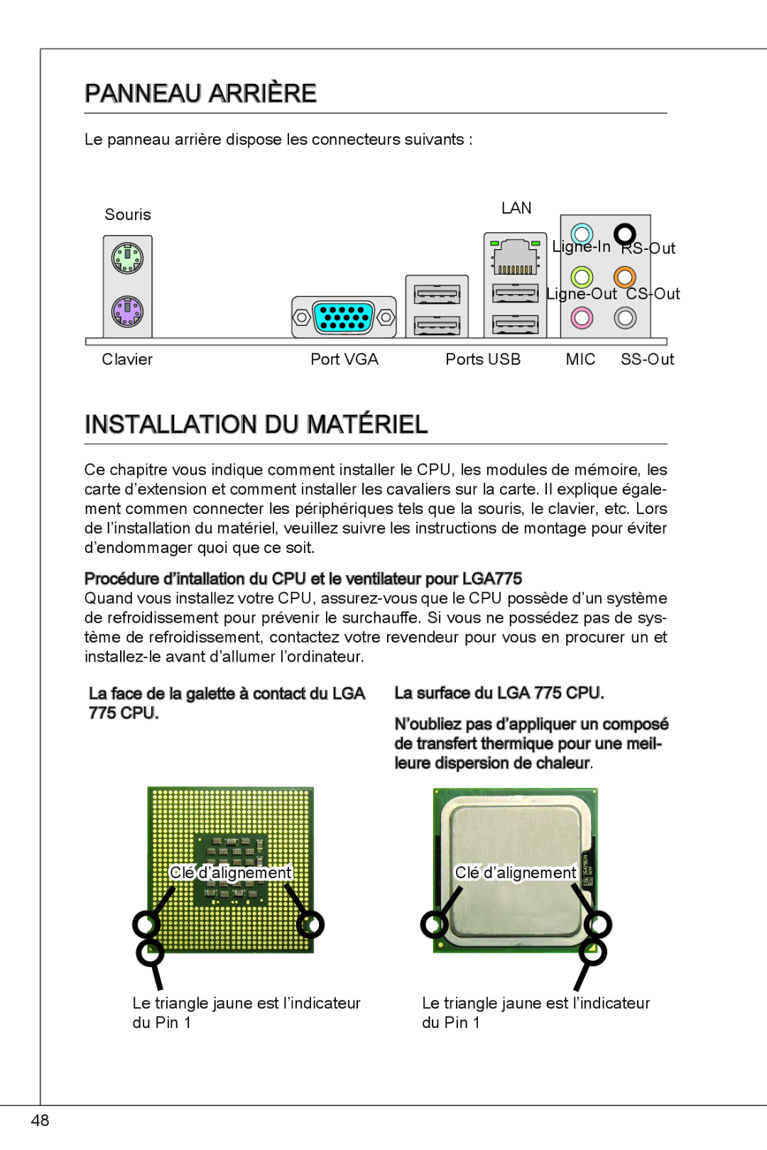 MSI G41M-P23 manual Panneau arrière, Installation du matériel 