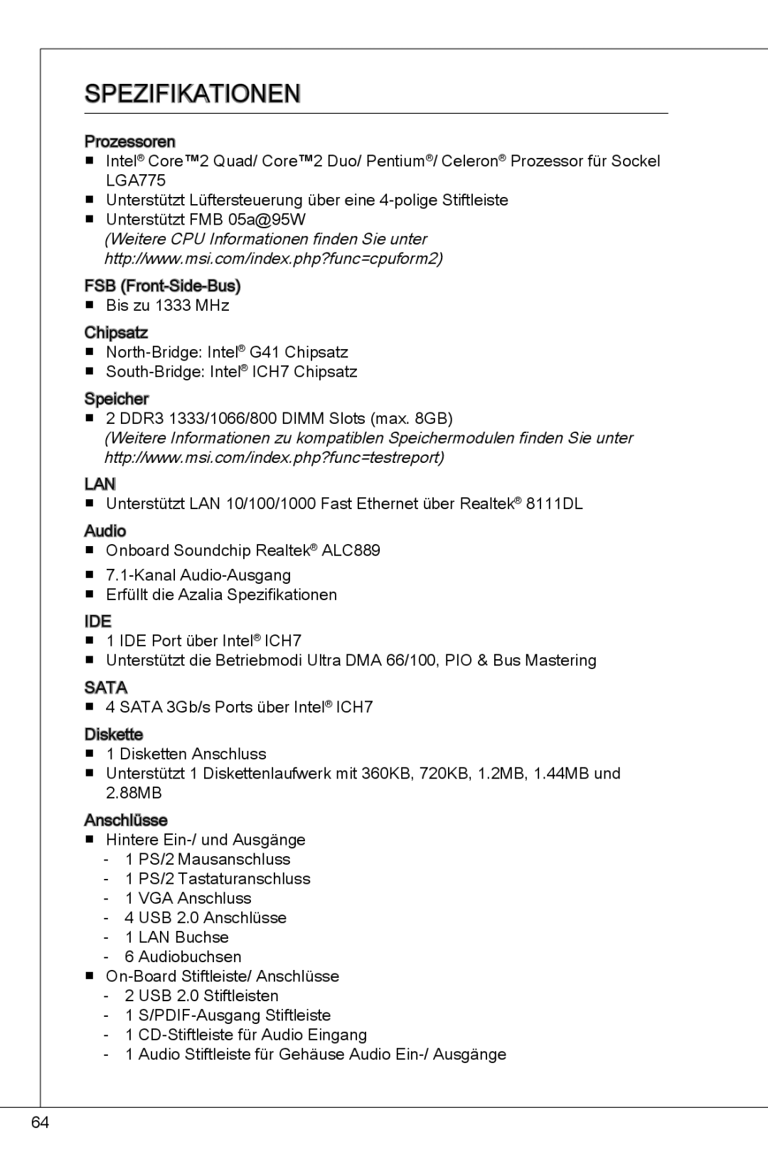 MSI G41M-P23 manual Spezifikationen 