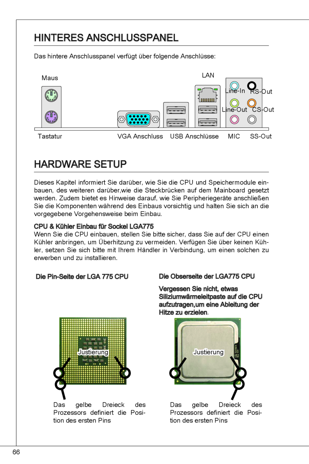 MSI G41M-P23 manual Hinteres Anschlusspanel 