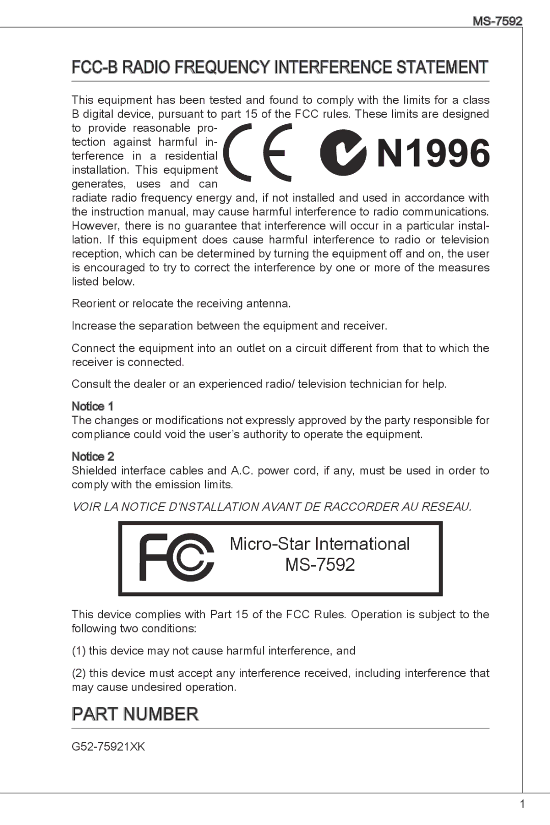 MSI G41M-P26 manual FCC -B Radio Frequency Interference Statement, Micro-Star International MS-7592, Part Number 