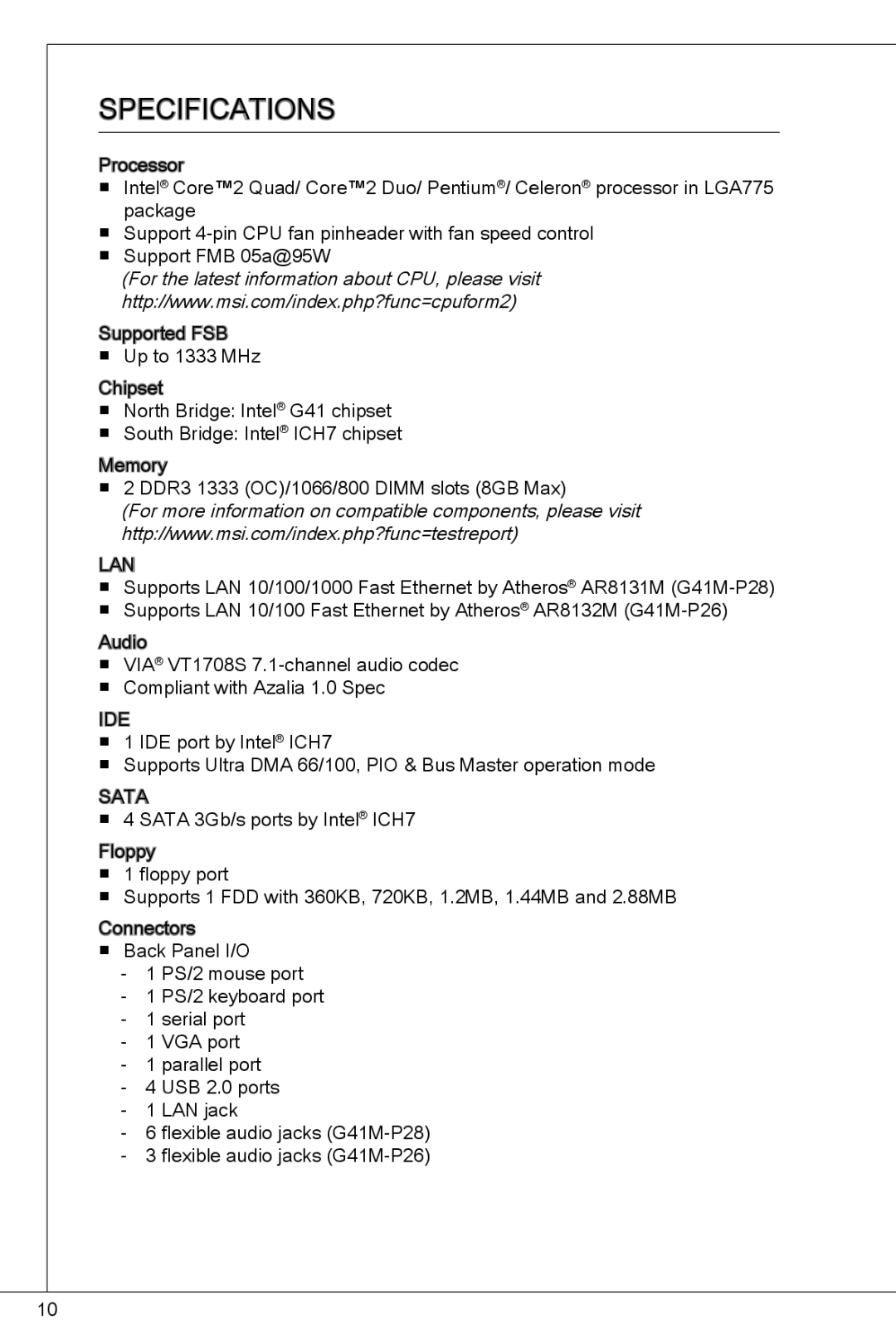 MSI G41M-P26 manual Specifications 