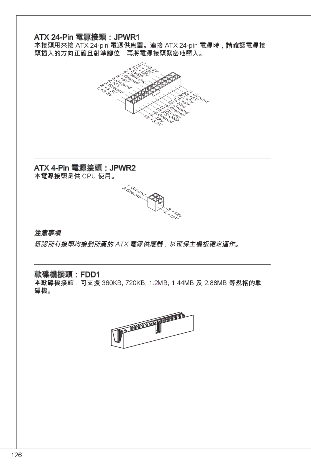 MSI G41M-P26 manual ATX 24-Pin 電源接頭：JPWR1, ATX 4-Pin 電源接頭：JPWR2, 軟碟機接頭：FDD1 