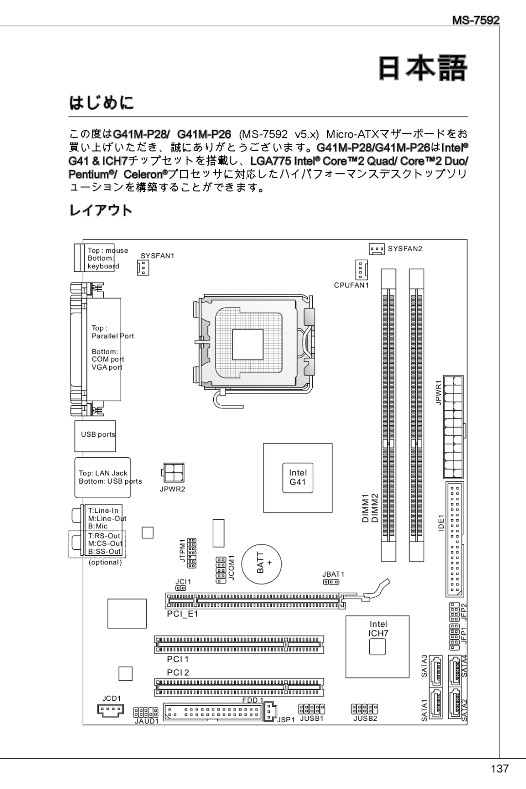 MSI G41M-P26 manual 日本語, レイアウト 