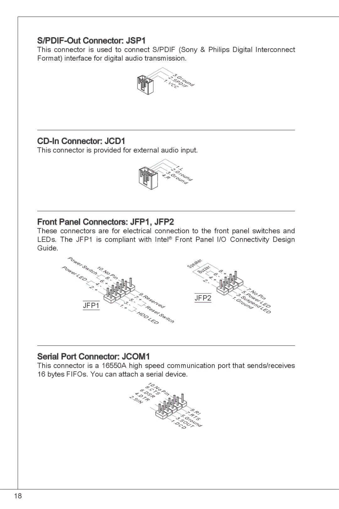 MSI G41M-P26 manual Pdif -Out Connector JSP1, CD-In Connector JCD1, Front Panel Connectors JFP1, JFP2 