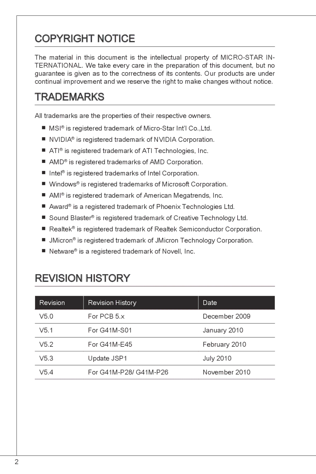 MSI G41M-P26 manual Copyright Notice, Trademarks, Revision History 