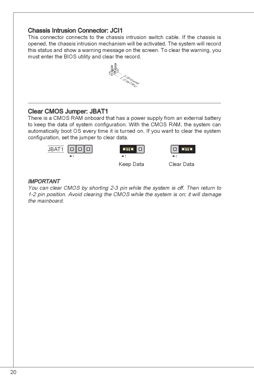 MSI G41M-P26 manual Chassis Intrusion Connector JCI1, Clear Cmos Jumper JBAT1 