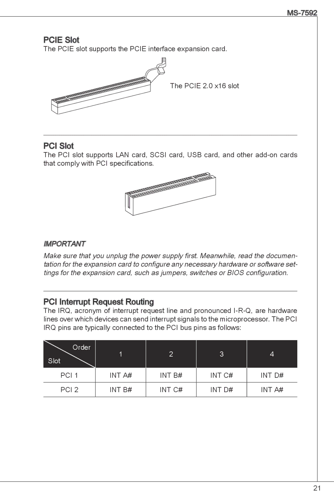 MSI G41M-P26 manual Pcie Slot, PCI Slot, PCI Interrupt Request Routing 