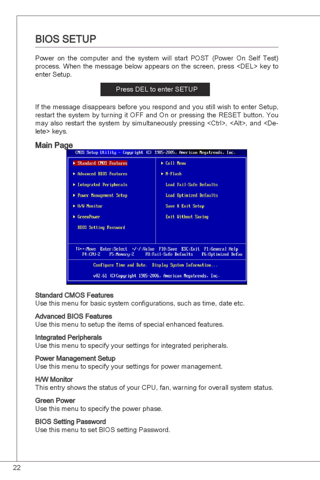 MSI G41M-P26 manual Bios Setup, Main 