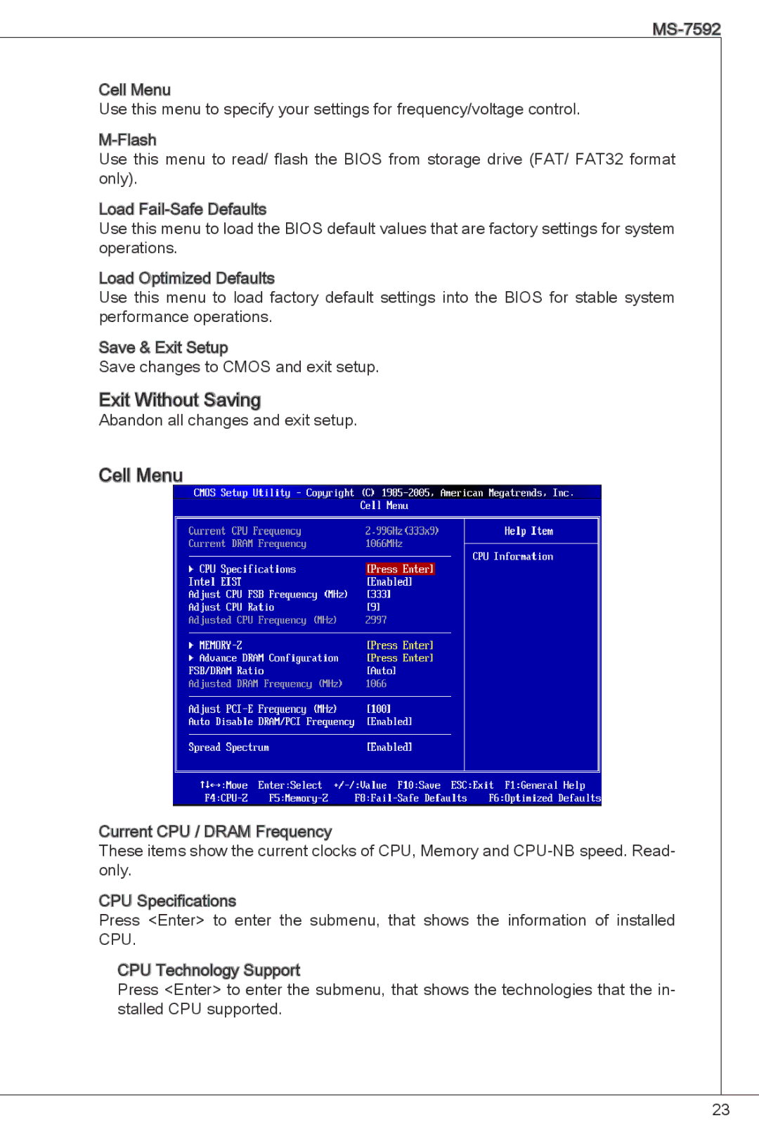 MSI G41M-P26 manual Exit Without Saving, Cell Menu 