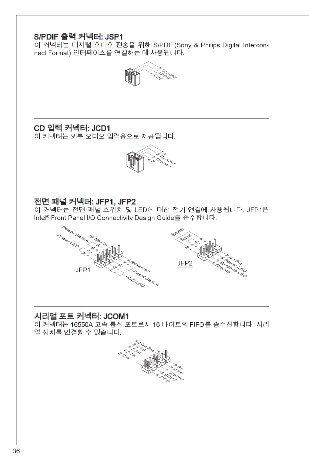 MSI G41M-P26 manual Pdif 출력 커넥터 JSP1, CD 입력 커넥터 JCD1, 전면 패널 커넥터 JFP1, JFP2 