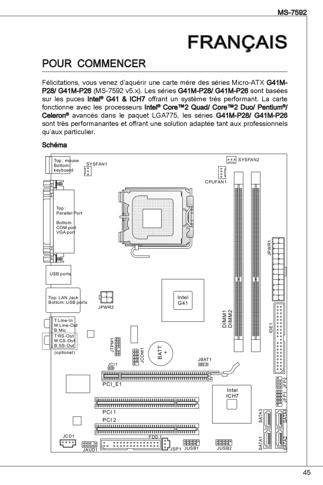 MSI G41M-P26 manual Français, Pour commencer 