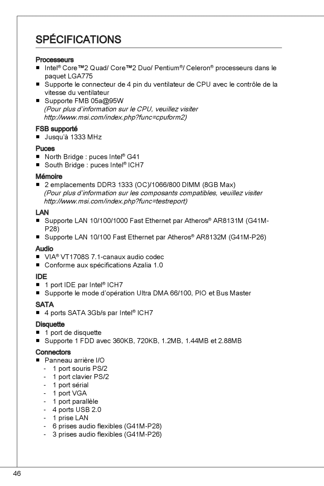 MSI G41M-P26 manual SPéCIFICATIONS 