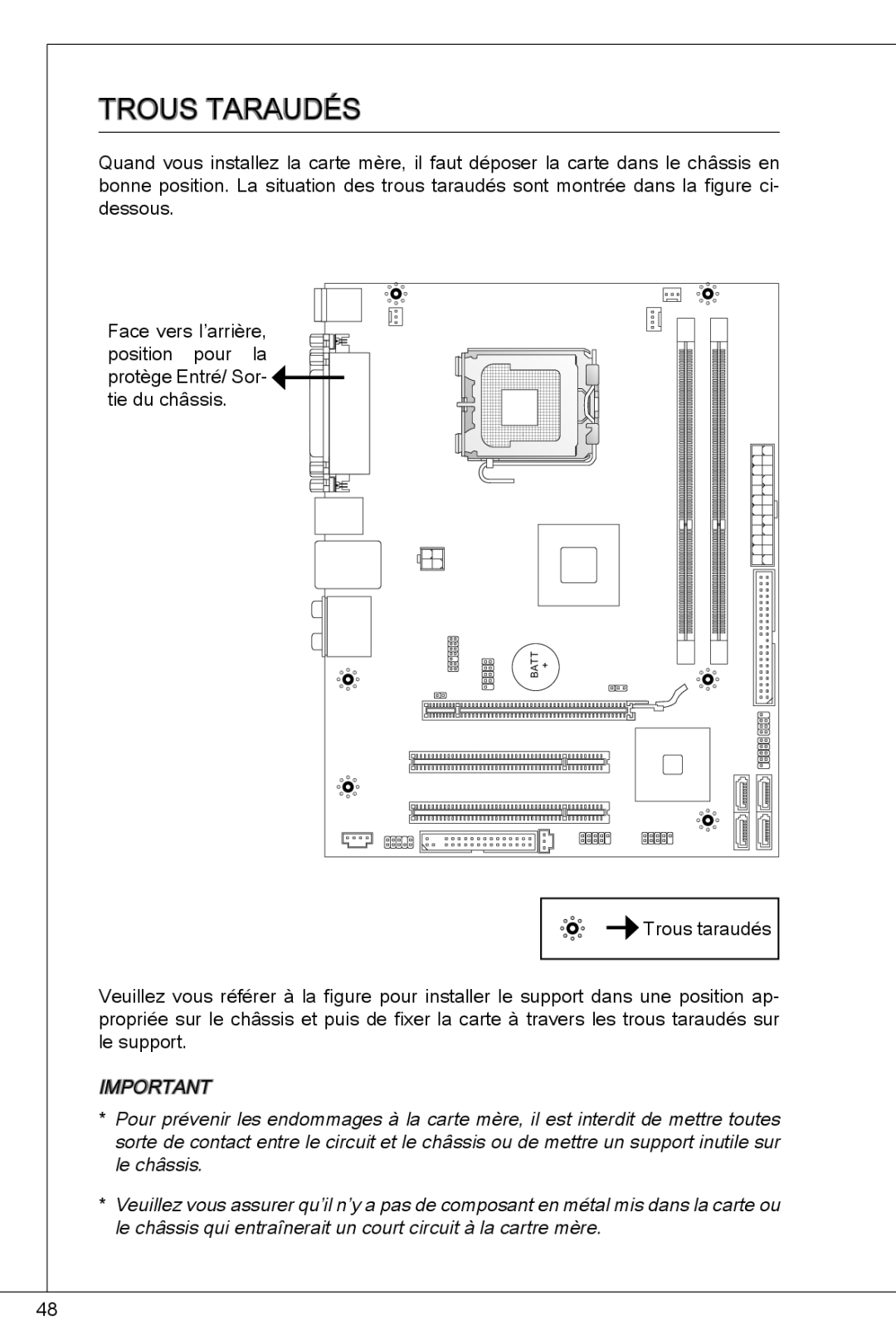 MSI G41M-P26 manual Trous taraudés 