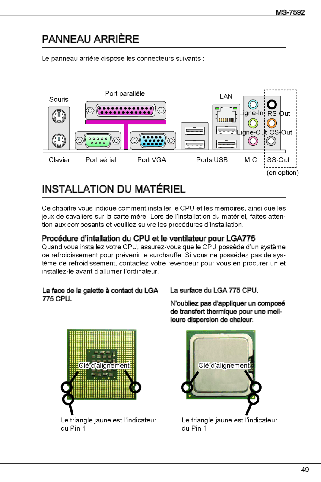 MSI G41M-P26 manual Panneau arrière, Installation du matériel 