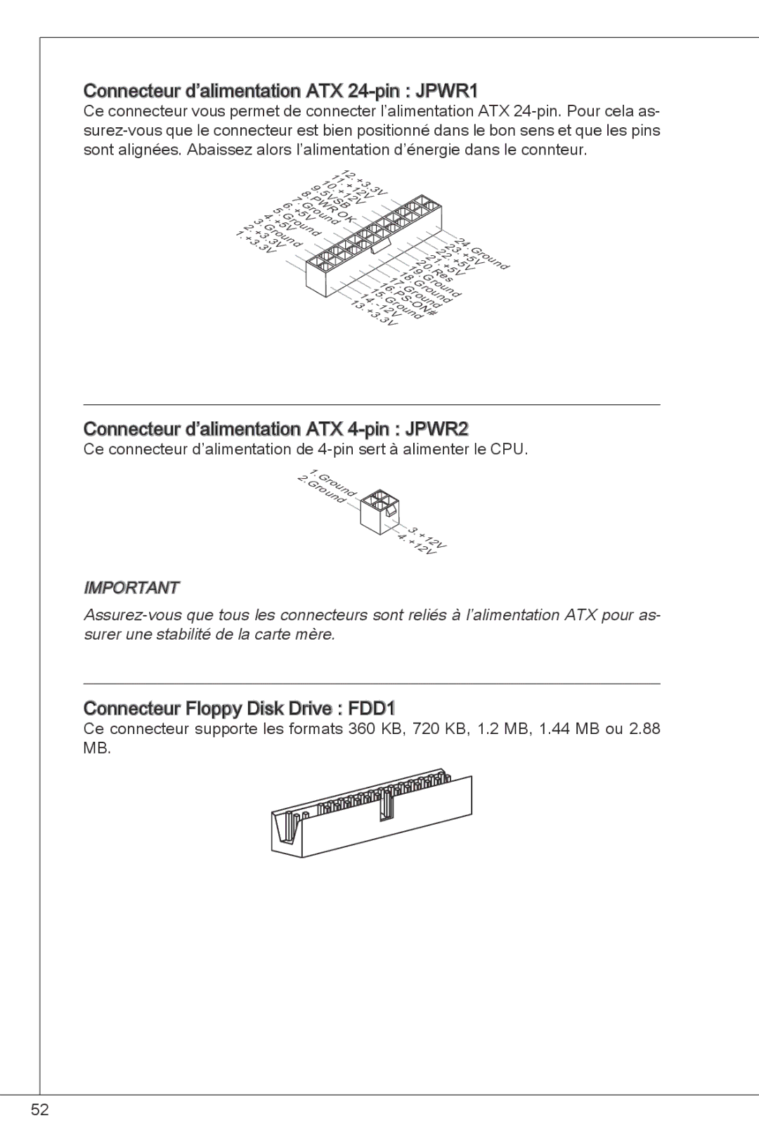 MSI G41M-P26 manual Connecteur d’alimentation ATX 24-pin JPWR1, Connecteur d’alimentation ATX 4-pin JPWR2 