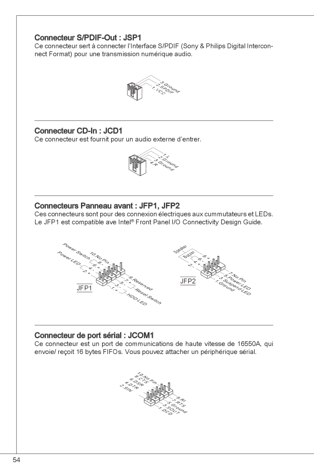 MSI G41M-P26 manual Connecteur S/PDIF -Out JSP1, Connecteur CD-In JCD1, Connecteurs Panneau avant JFP1, JFP2 