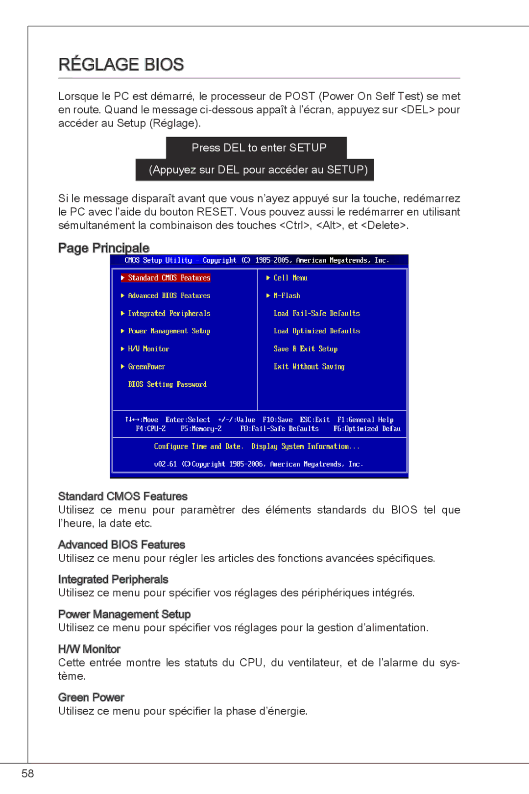 MSI G41M-P26 manual Réglage bios, Principale 