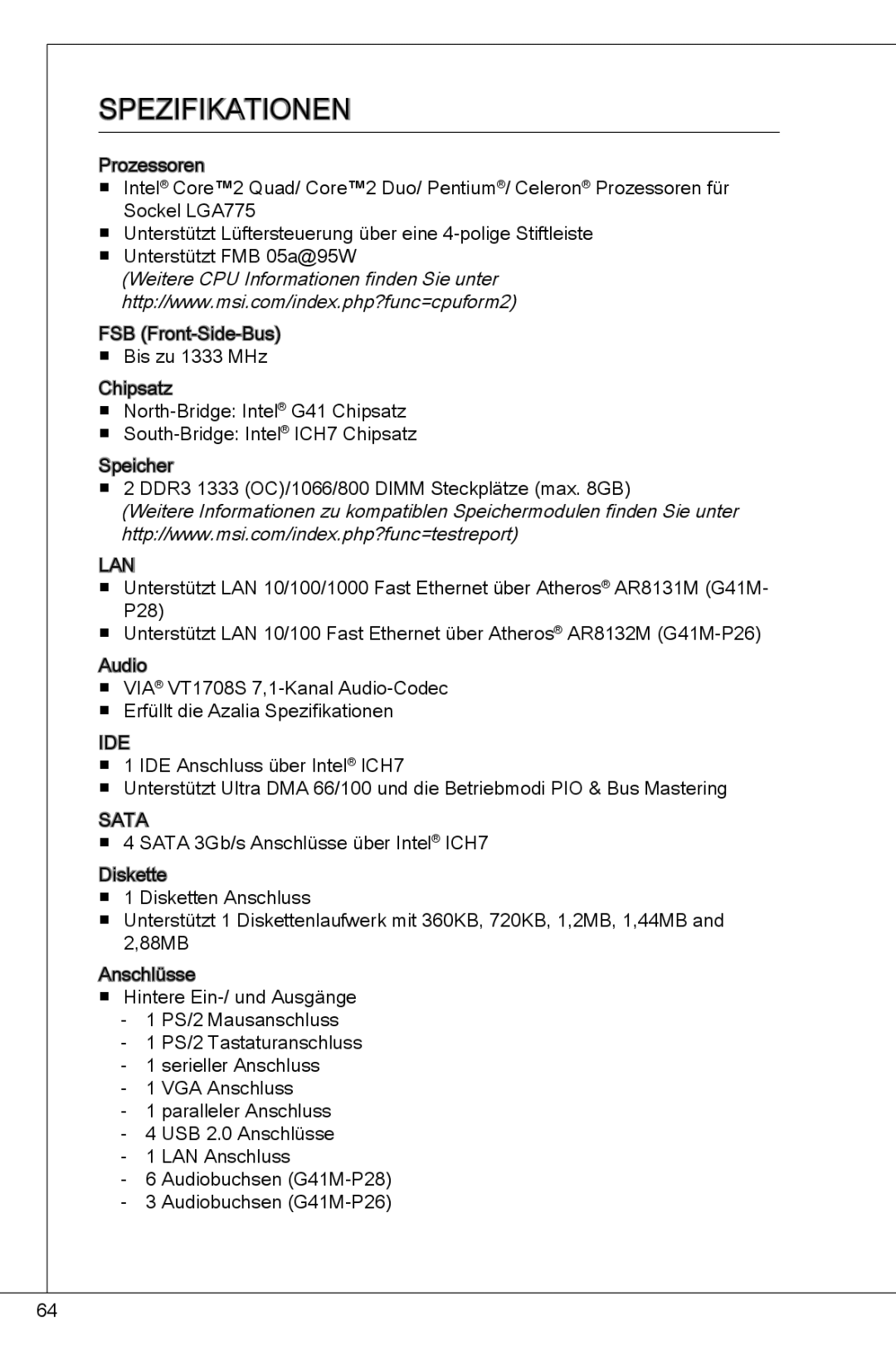 MSI G41M-P26 manual Spezifikationen 