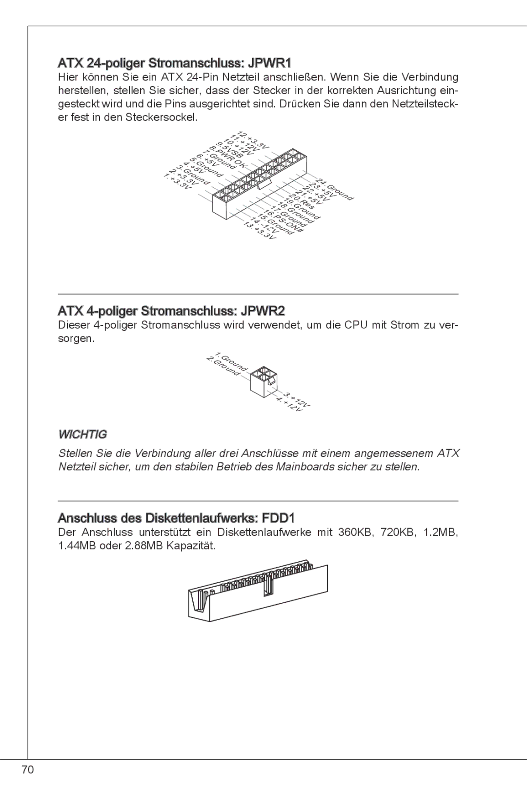 MSI G41M-P26 manual ATX 24-poliger Stromanschluss JPWR1, ATX 4-poliger Stromanschluss JPWR2 