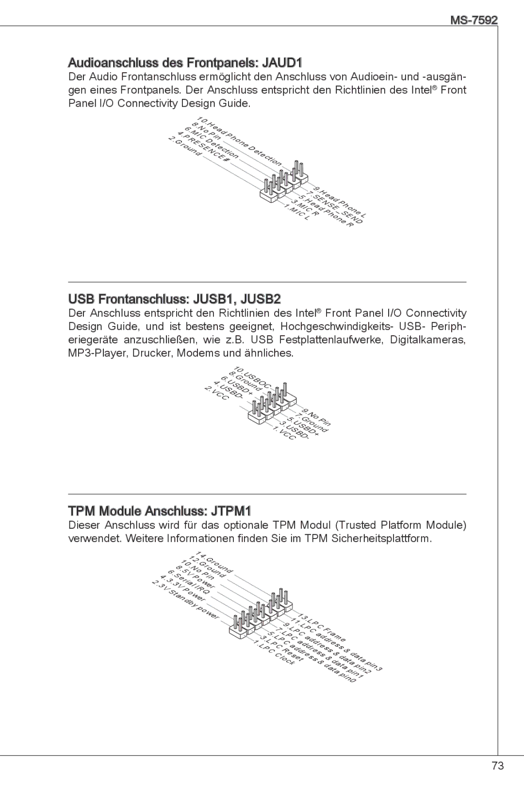 MSI G41M-P26 manual Audioanschluss des Frontpanels JAUD1, USB Frontanschluss JUSB1, JUSB2, TPM Module Anschluss JTPM1 