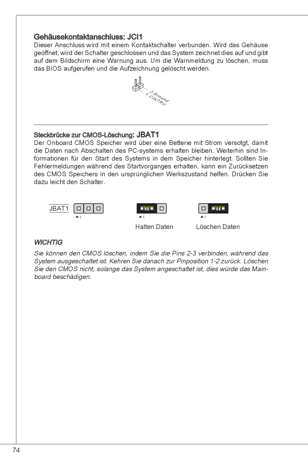 MSI G41M-P26 manual Gehäusekontaktanschluss JCI1 