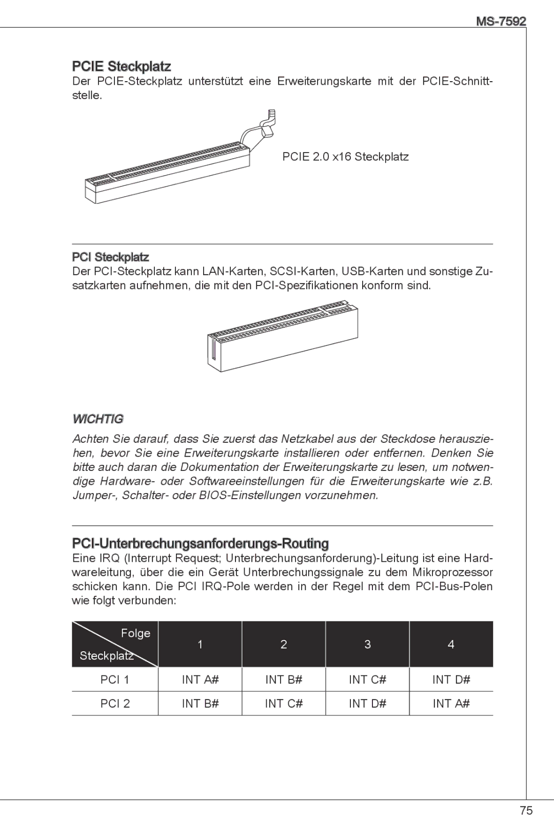 MSI G41M-P26 manual Pcie Steckplatz, PCI -Unterbrechungsanforderungs-Routing 