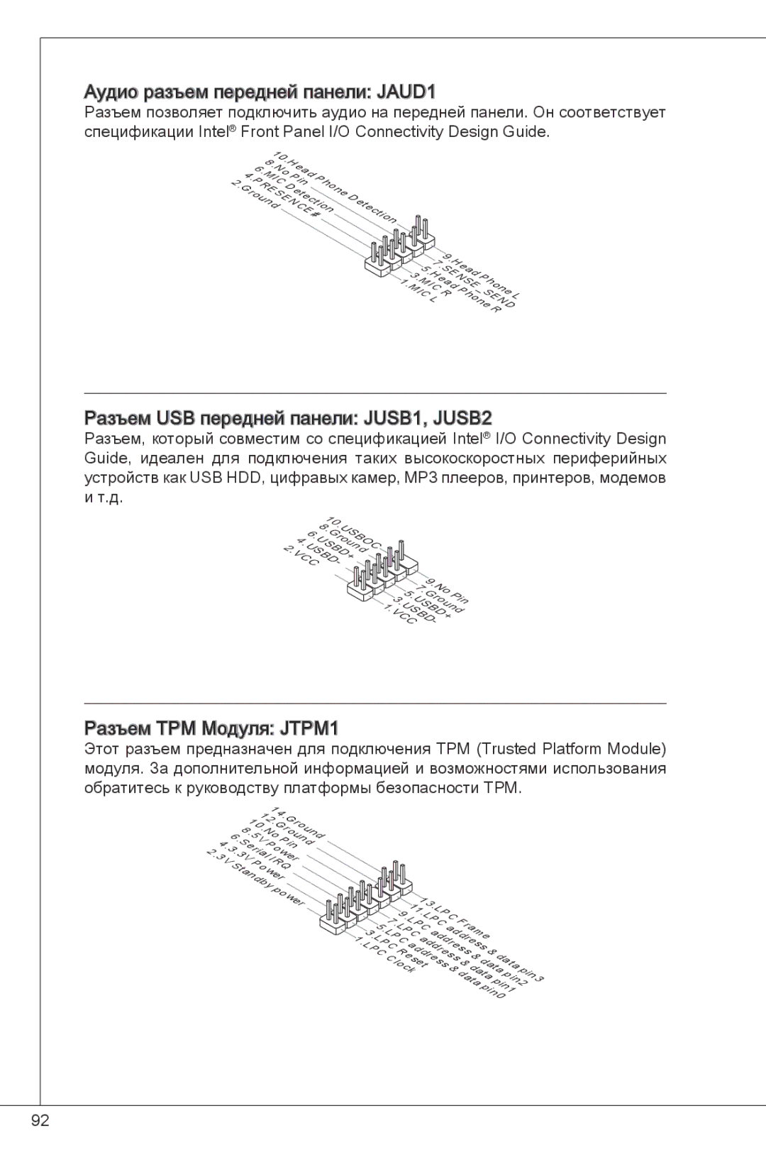 MSI G41M-P26 manual Аудио разъем передней панели JAUD1, Разъем USB передней панели JUSB1, JUSB2, Разъем TPM Модуля JTPM1 