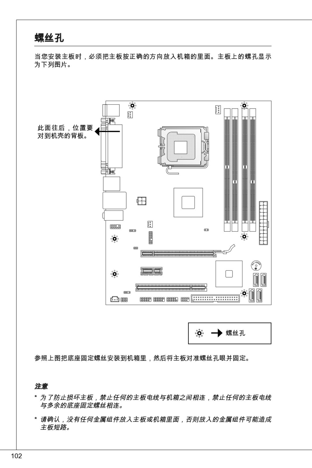 MSI G41M-P33 Combo 螺丝孔, 为了防止损坏主板，禁止任何的主板电线与机箱之间相连，禁止任何的主板电线, 与多余的底座固定螺丝相连。, 请确认，没有任何金属组件放入主板或机箱里面，否则放入的金属组件可能造成, 主板短路。 