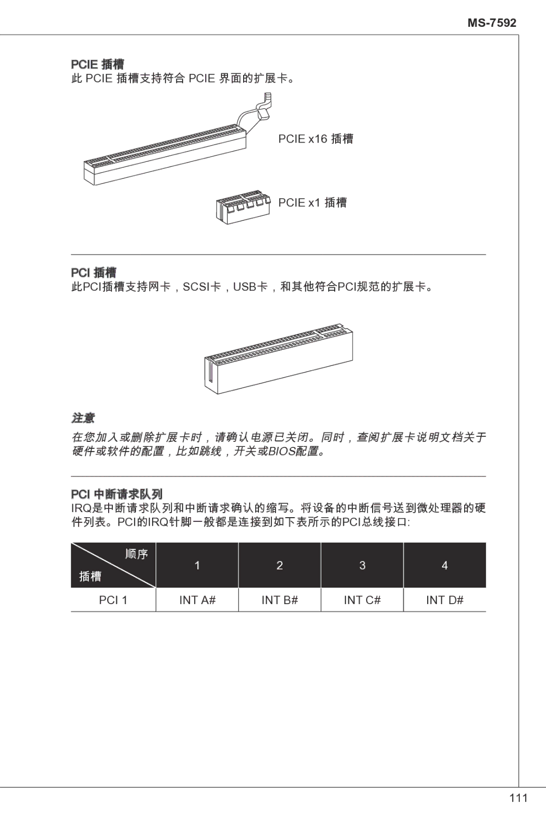 MSI G41M-P33 Combo manual 在您加入或删除扩展卡时，请确认电源已关闭。同时，查阅扩展卡说明文档关于 硬件或软件的配置，比如跳线，开关或bios配置。 