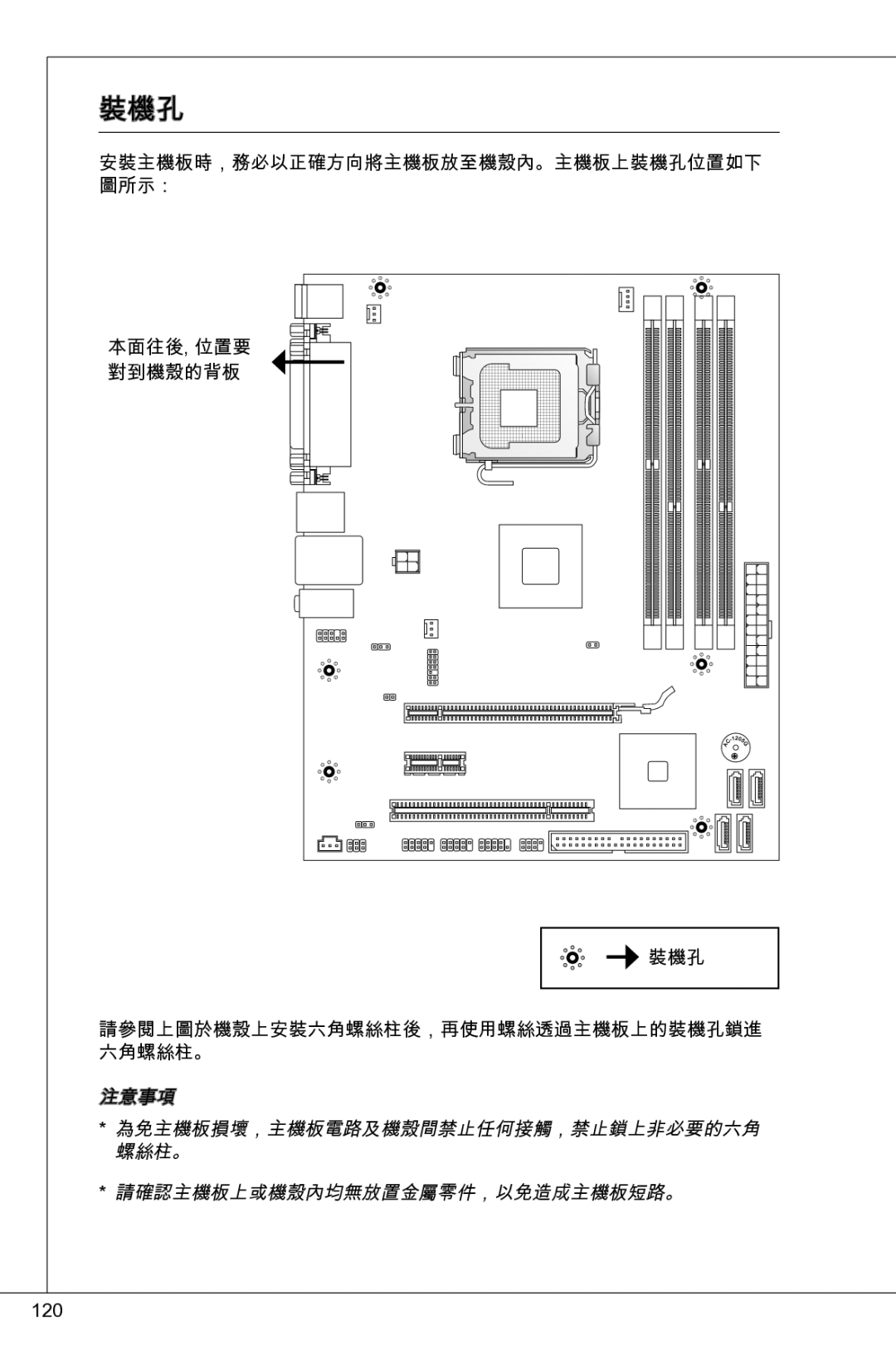 MSI G41M-P33 Combo manual 裝機孔, 注意事項, 為免主機板損壞，主機板電路及機殼間禁止任何接觸，禁止鎖上非必要的六角, 螺絲柱。, 請確認主機板上或機殼內均無放置金屬零件，以免造成主機板短路。 