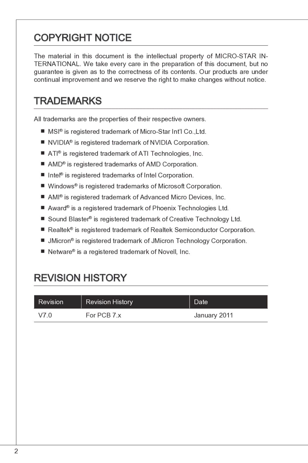 MSI G41M-P33 Combo manual Copyright Notice, Trademarks, Revision History 