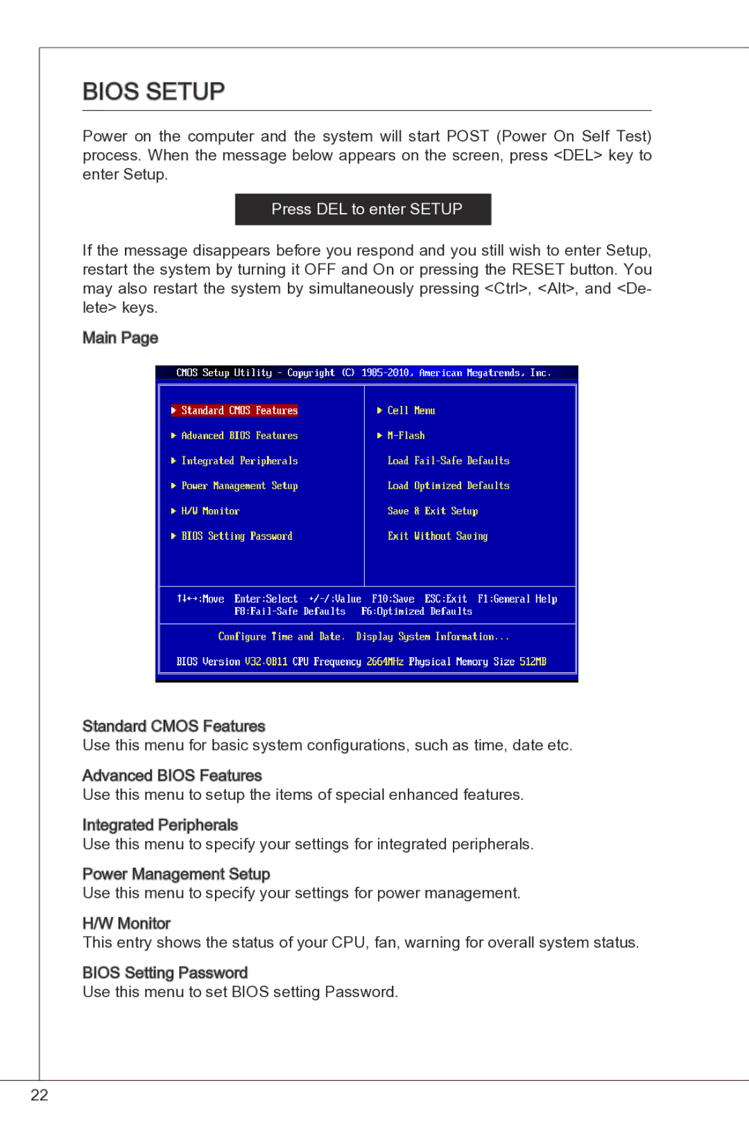 MSI G41M-P33 Combo manual Bios Setup, Press DEL to enter Setup 