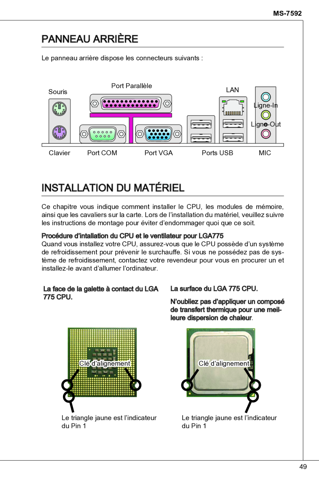 MSI G41M-P33 Combo manual Panneau arrière, Installation du matériel 