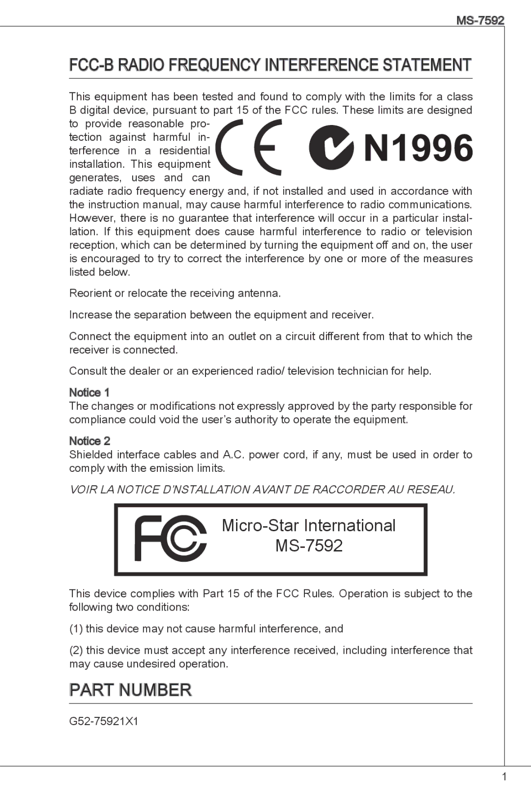 MSI G41M4-F manual FCC -B Radio Frequency Interference Statement, Micro-Star International MS-7592, Part Number 