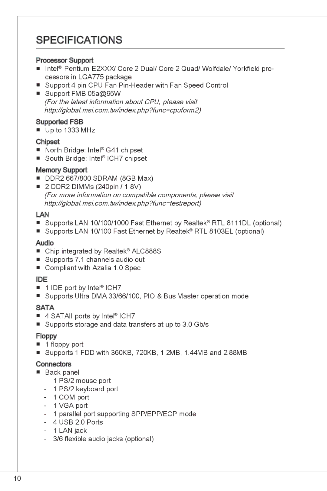 MSI G41M4-F manual Specifications 