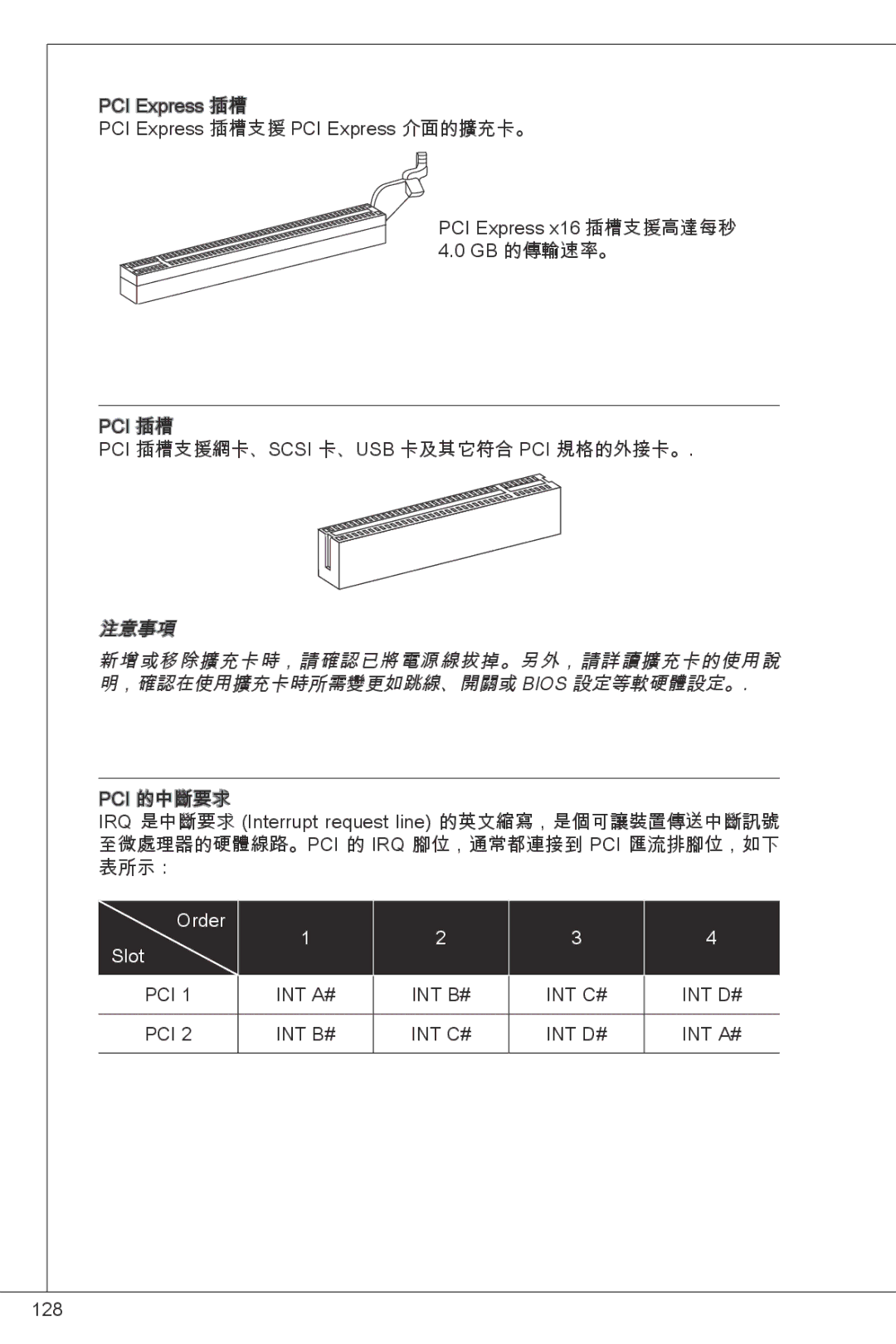 MSI G41M4-F manual Pci 插槽支援網卡、Scsi 卡、Usb 卡及其它符合 Pci 規格的外接卡。 