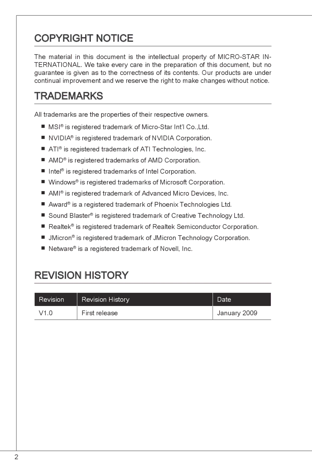 MSI G41M4-F manual Copyright Notice, Trademarks, Revision History 